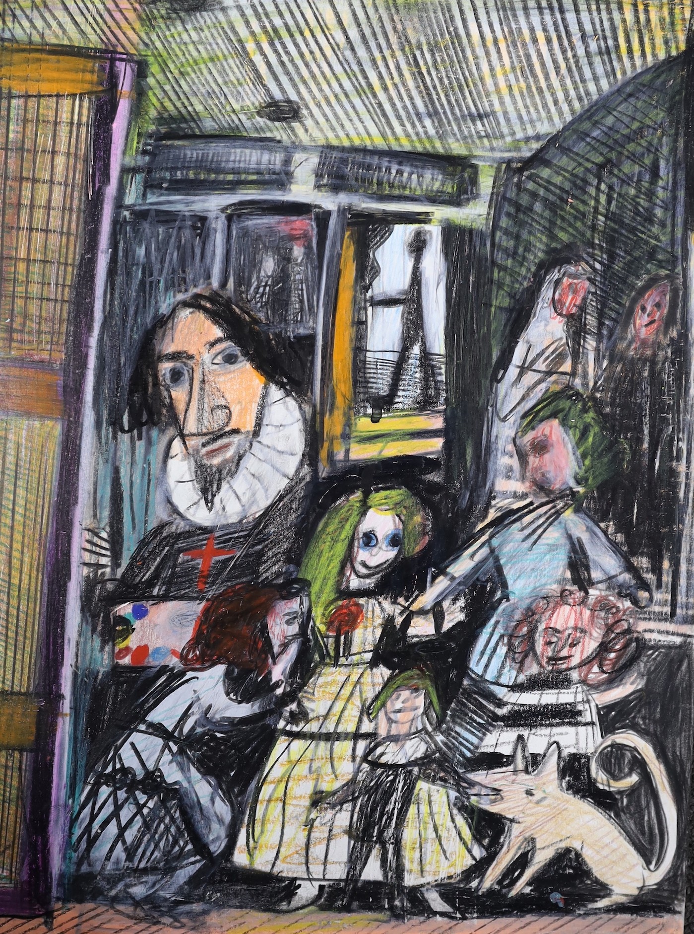 Matthew Collings (1955-) after Velasquez, mixed media on paper, 'Las Meninas', inscribed verso and dated 2021, 31 x 23cm, unframed